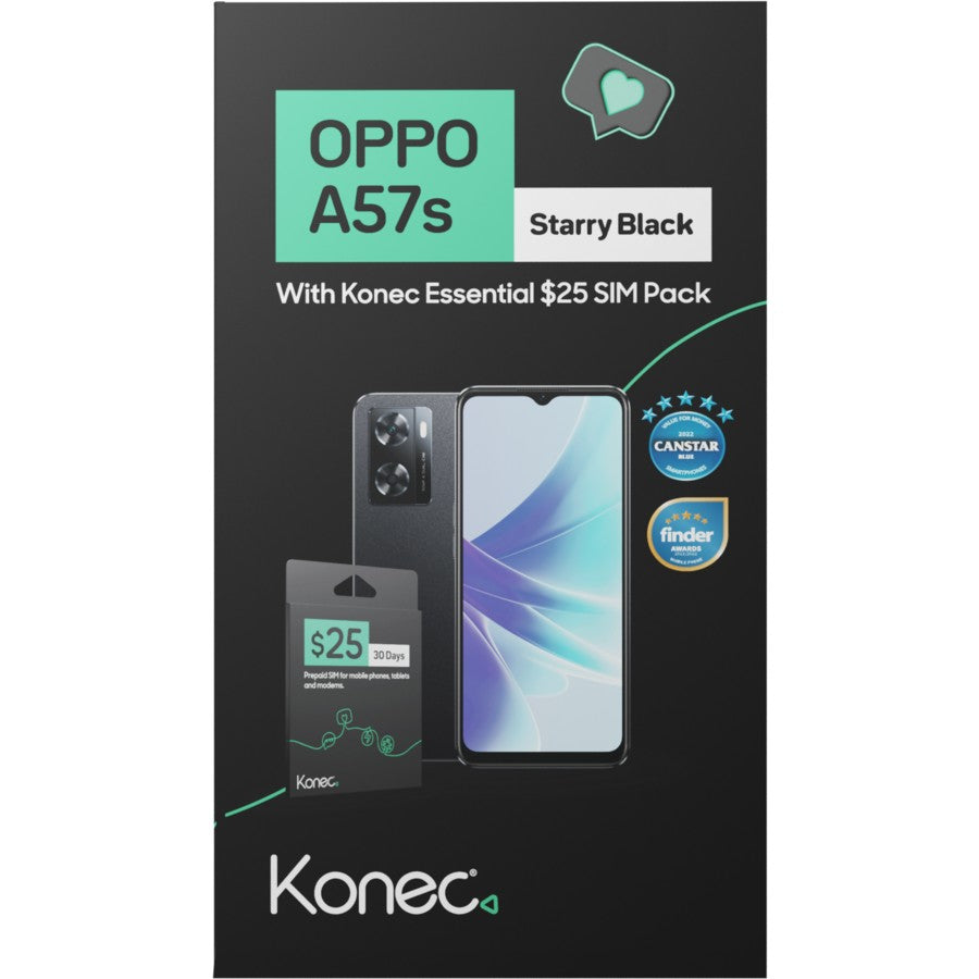 Konec OPPO A57s Prepaid Mobile Bundle Black (Konec 25 plan Included, 6.6'', 4+128GB, 50MP Camera)