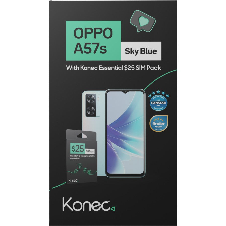OPPO A57s Prepaid Mobile Bundle Blue (Konec 25 plan Included, 6.6'', 4+128GB, 50MP Camera)