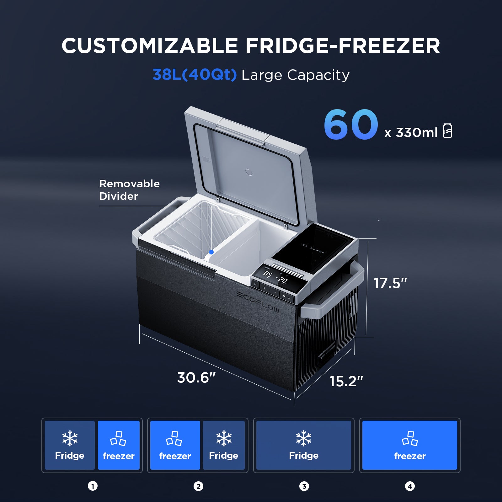 EcoFlow Glacier Portable Fridge (Ice-Maker, Dual Zones, 38L, APP Control)
