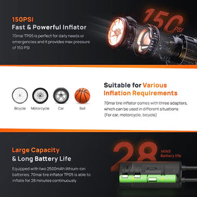 70mai Air Compressor Wireless TP05 (150PSI Fast Inflation & Cordless, LED Light, Car Tires/Bike/Scooter/Motorcycles/Ball)