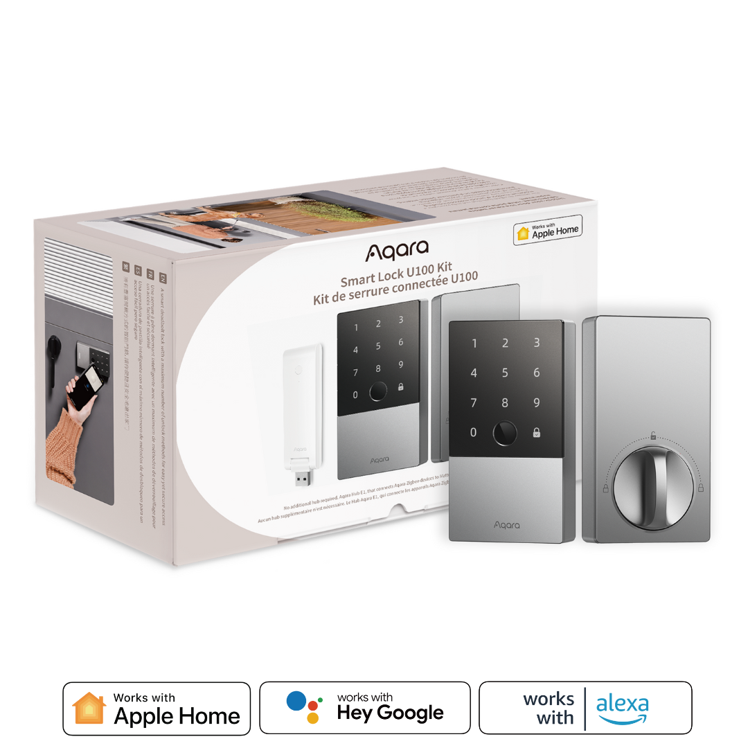 Aqara Smart Lock U100 with E1 Hub Kit Silver (Deadbolt Lock/Easy Installation, Multiple unlock method, IP65 Rating, Support Apple Wallet/HomeKit)