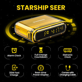Shargeek Starship Seer 10000mAh Power Bank Black (35W, Remaining Charging Time Display, Multifunctional Digital Clock/Alarm)